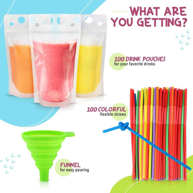 Frozip 50pcs 16oz Drink Pouches for Adults - Drink Pouches with Straws x50 & Funnel - Resealable Smoothie Pouches & Clear Juice Pouches for Adults - Drink Bag Plastic Pouches for Drinks with Straws - Image 4